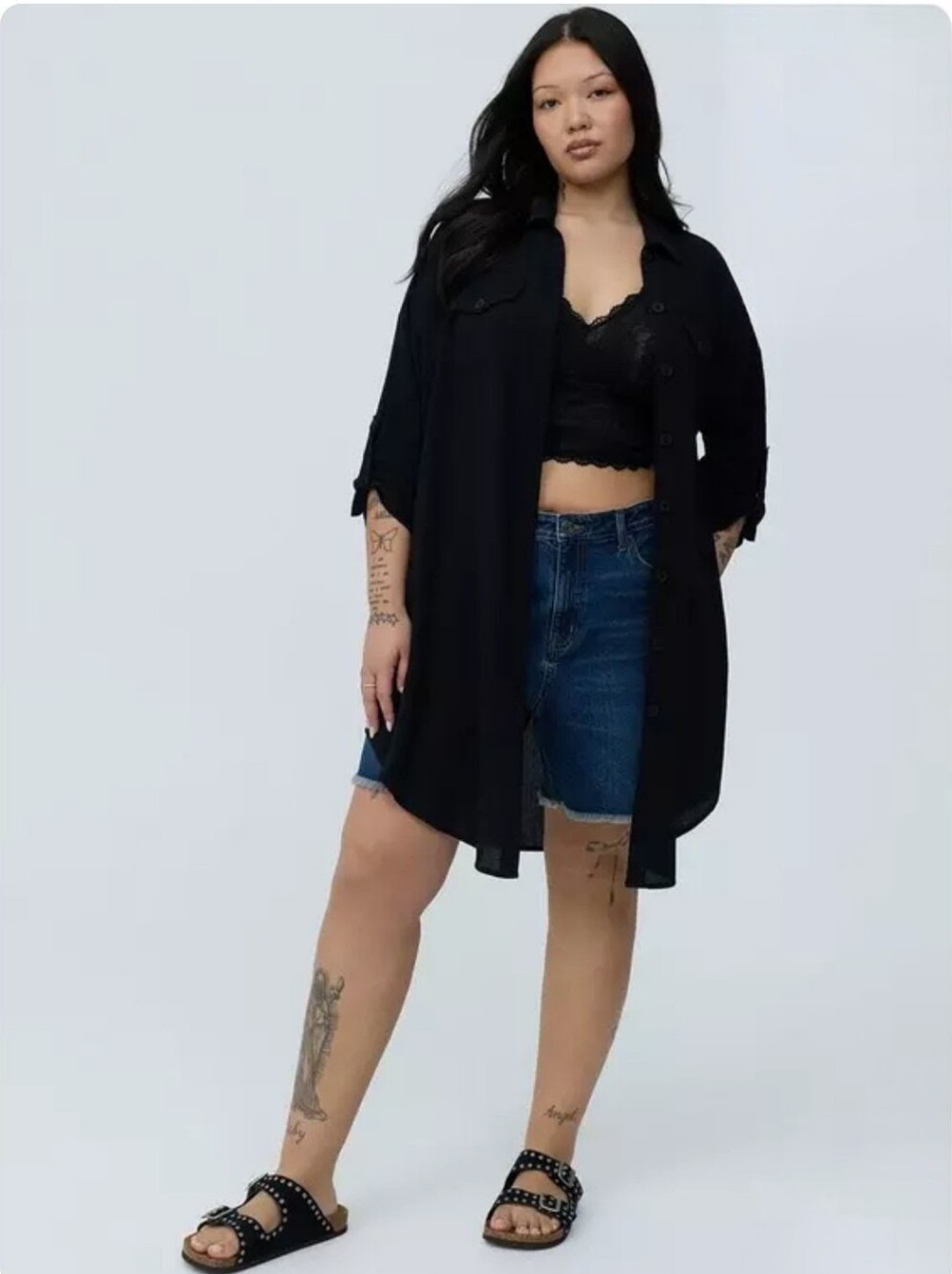 Torrid Crinkle Gauze Button Front Kimono Coverup Shacket Black Roll Tab 3X